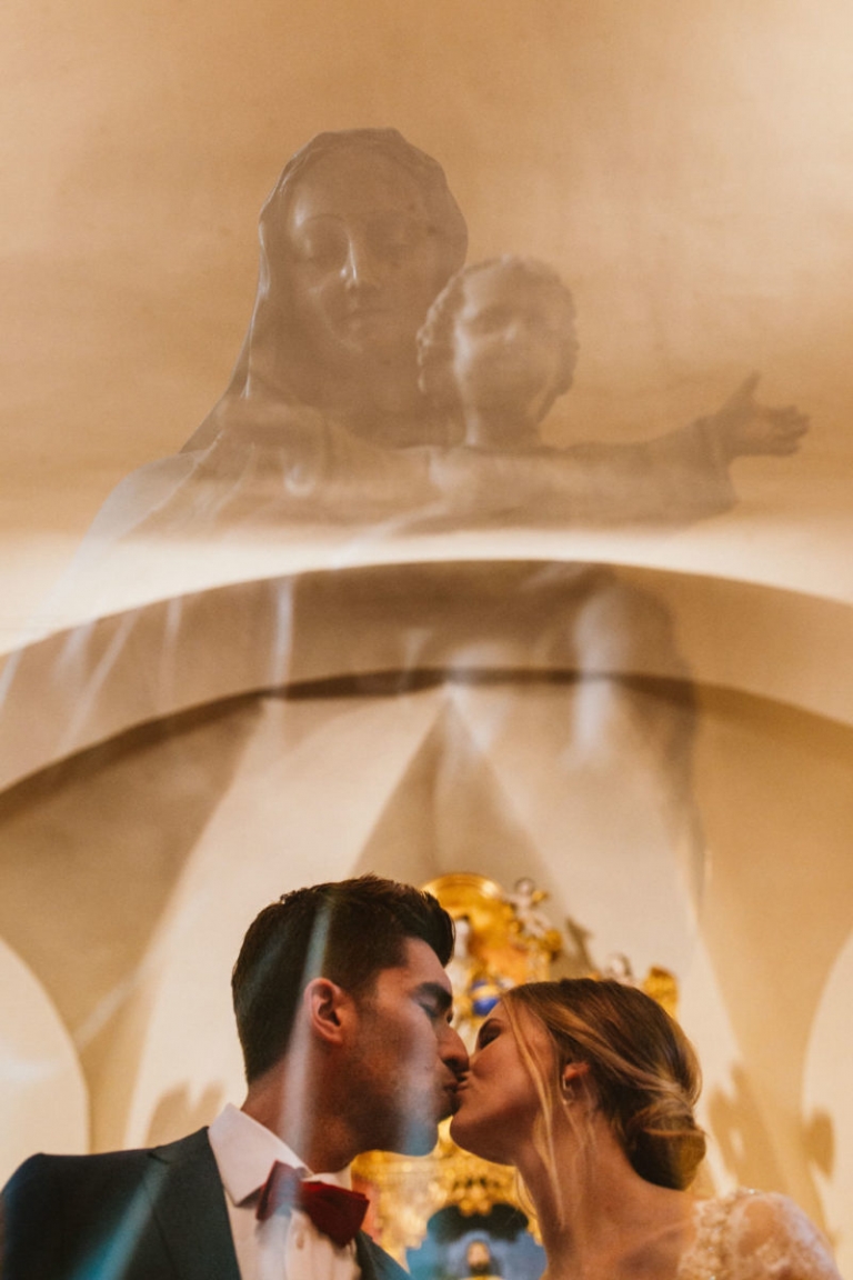 double exposure first kiss bride and groom and mother of god